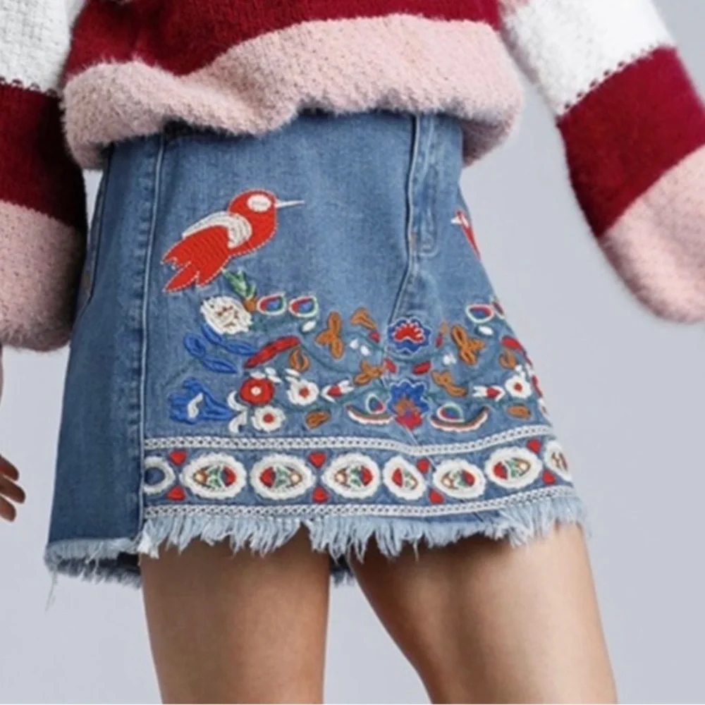 Umgee Red Piper Embroidered Denim Mini Skirt - Picture 2 of 8